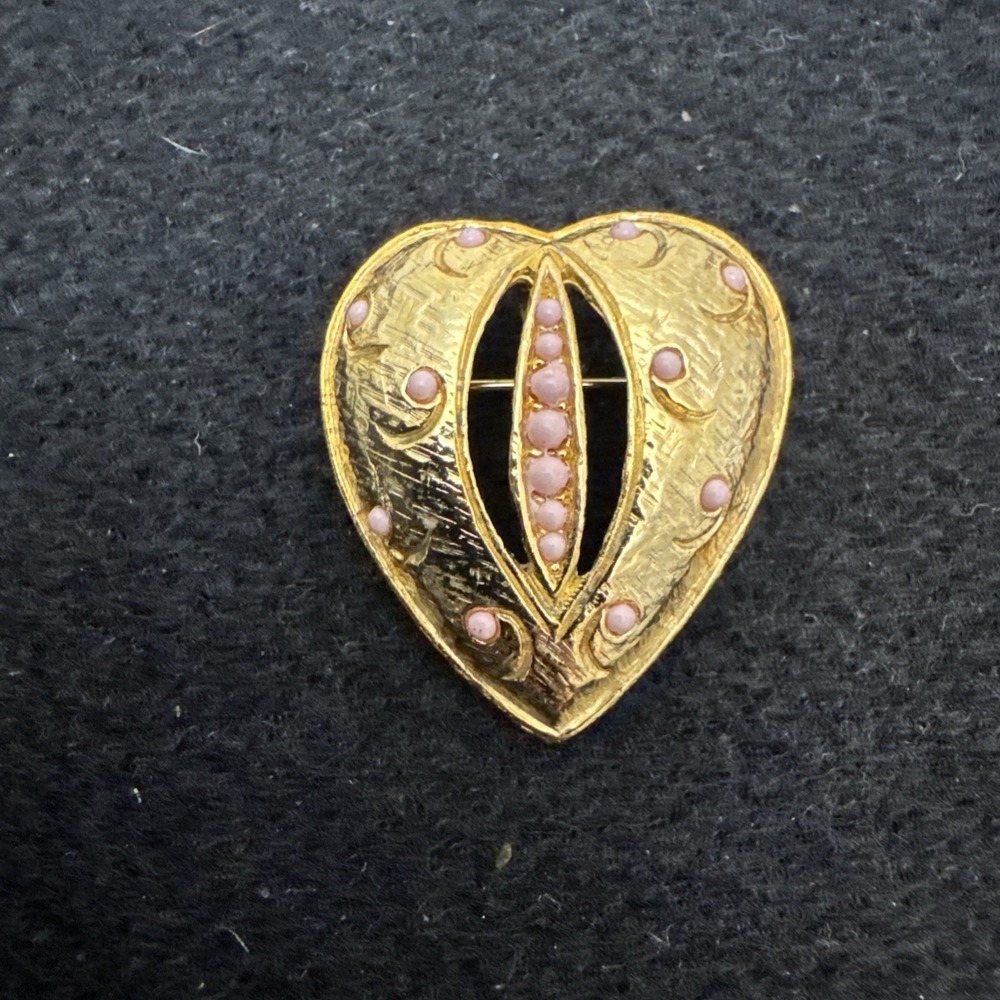 Hobe Vintage Signed Stylized Heart Brooch Brushed Gold Tone Pink Rhinestoned